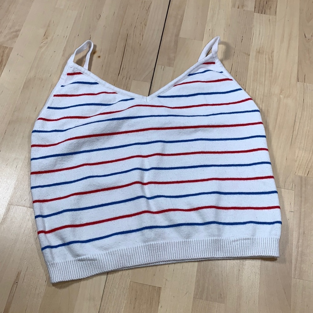 Forever 21 White Spaghetti Strap Cropped Top with Blue & Red Stripes